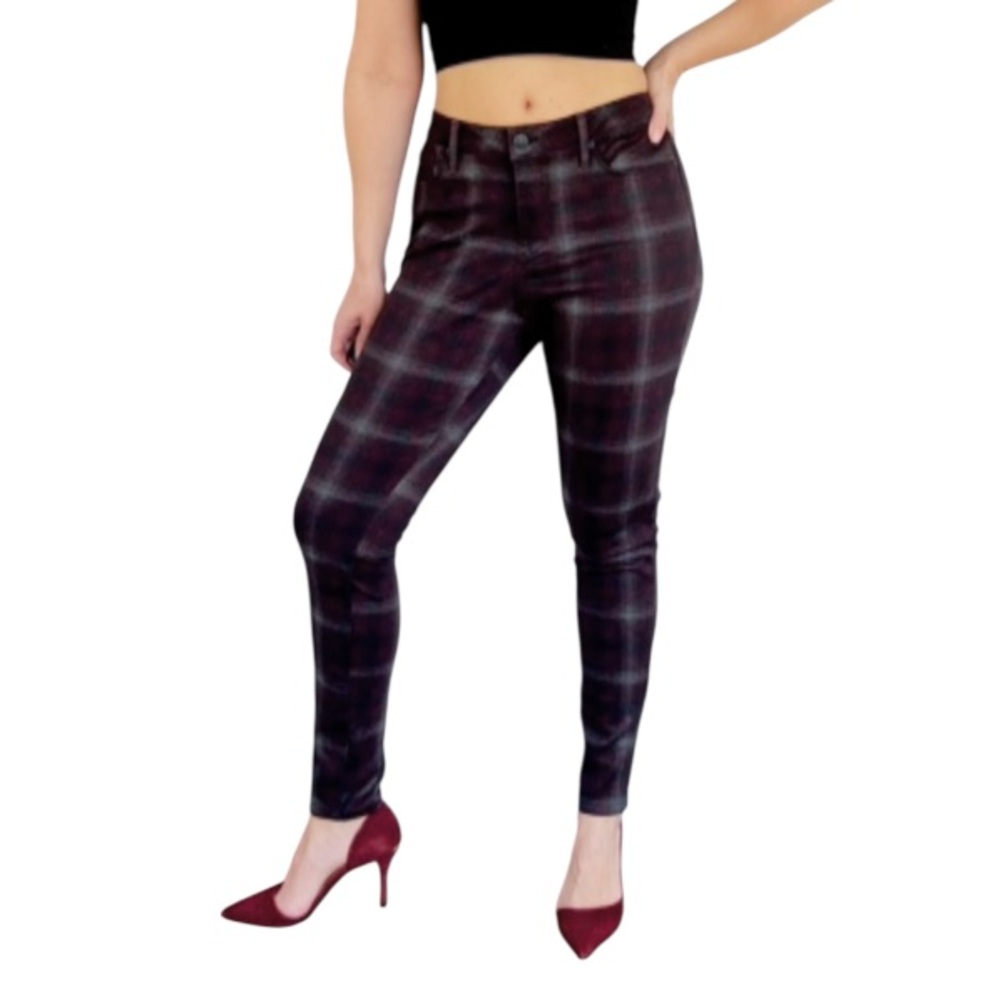 Nine West Gramercy Skinny red gray plaid print mid rise stretch pants size 8